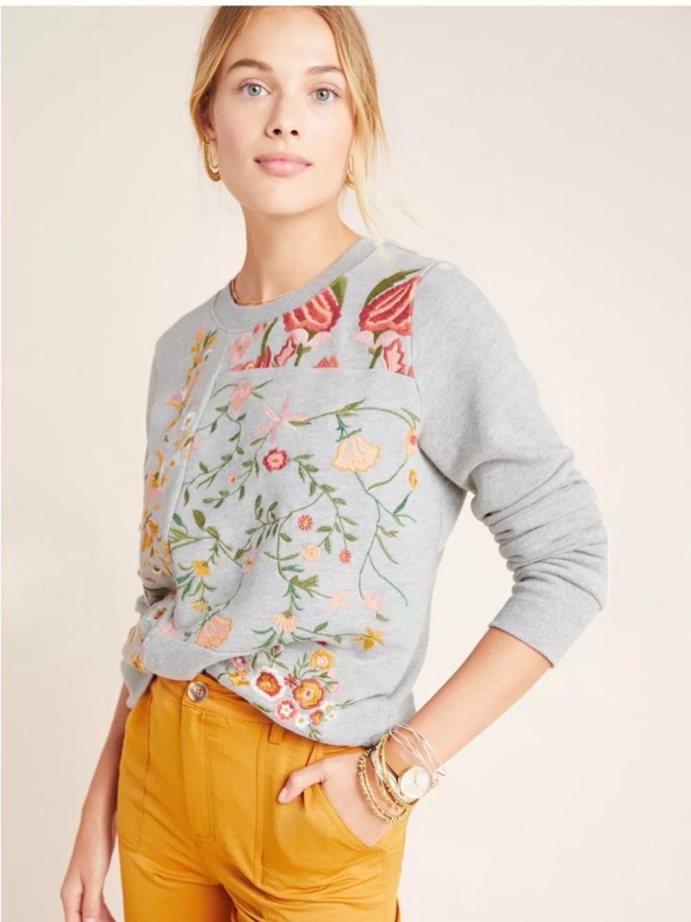 Anthropologie. Size XXSP. Gray Sweatshirt with Multicolor Floral Embroidery